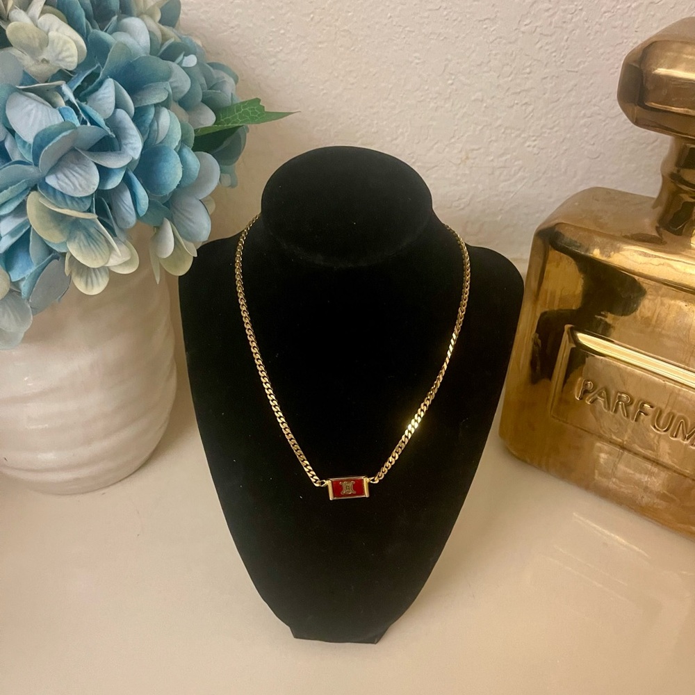 CELINE Vintage Macadam Gold Necklace with Red Enamel Triomphe Logo - Picture 4 of 7